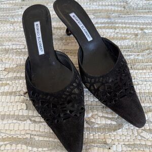 Manolo Blahnik Black Suede Mules with Cutout Design